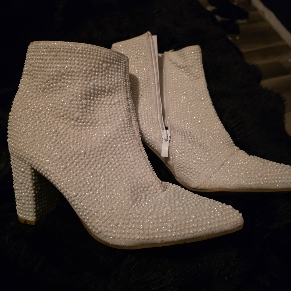 Amazon White Beaded Heeled Boots
